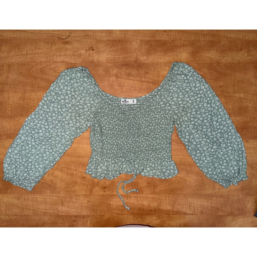 Hollister Sage Green Floral Smocked Puff Sleeve Crop Top Sweetheart‎ Neck Medium